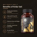 Benefits of Krida Vati: boosts sexual stamina and libido, helps with PE and ED (shighrapatan aur dheelapan), reduces stress and fatigue, strength muscle tone and energy, no side effects - 100% Ayurvedic, purush aur mahila dono ke liye.