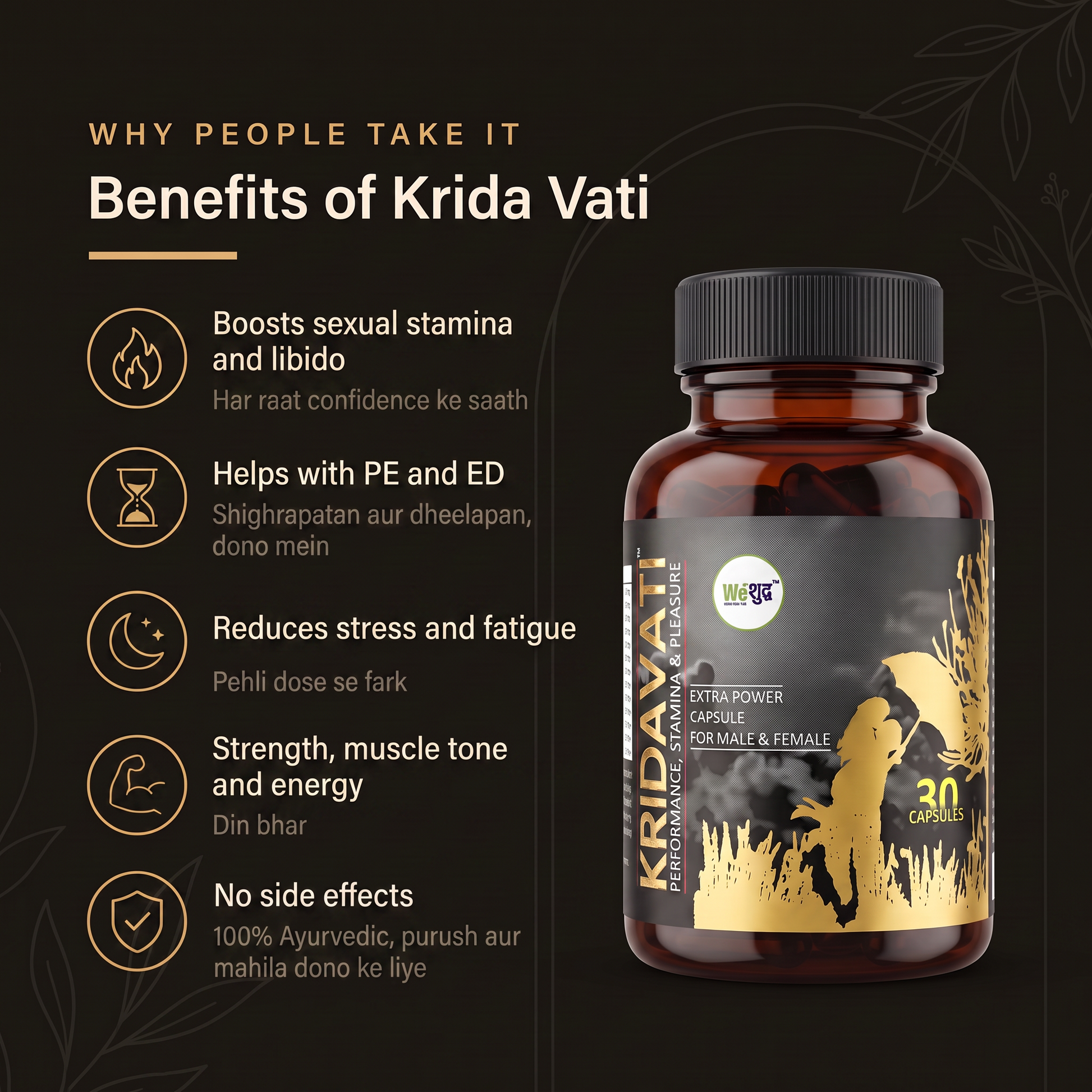 Benefits of Krida Vati: boosts sexual stamina and libido, helps with PE and ED (shighrapatan aur dheelapan), reduces stress and fatigue, strength muscle tone and energy, no side effects - 100% Ayurvedic, purush aur mahila dono ke liye.