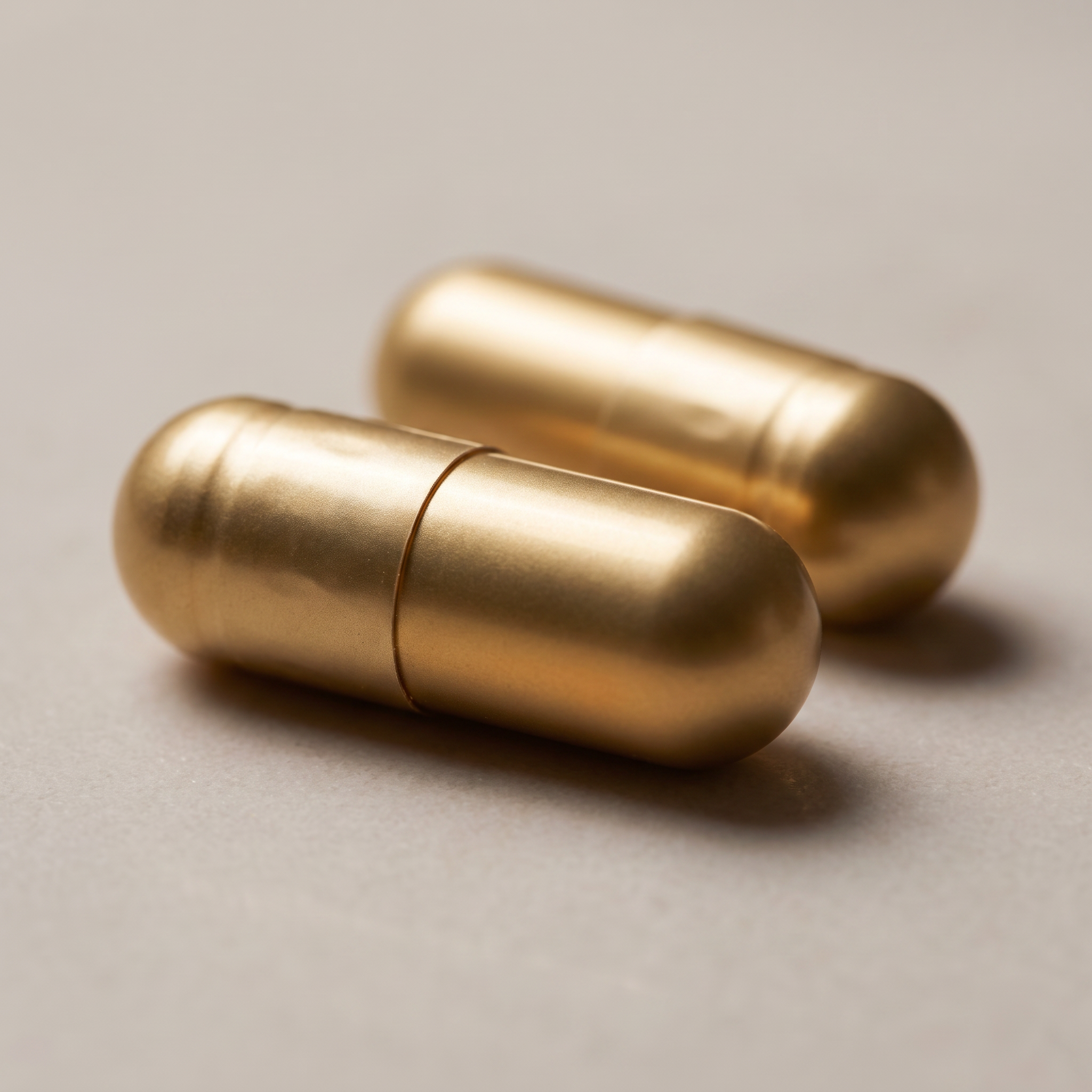 Macro photograph of two Kridavati capsules - opaque metallic gold two-piece hard shells with a visible seam.