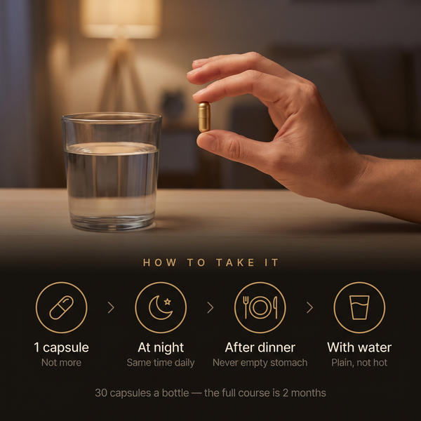 How to take Kridavati: one capsule, at night, after dinner, with plain water. 30 capsules a bottle and the full course is 2 months.