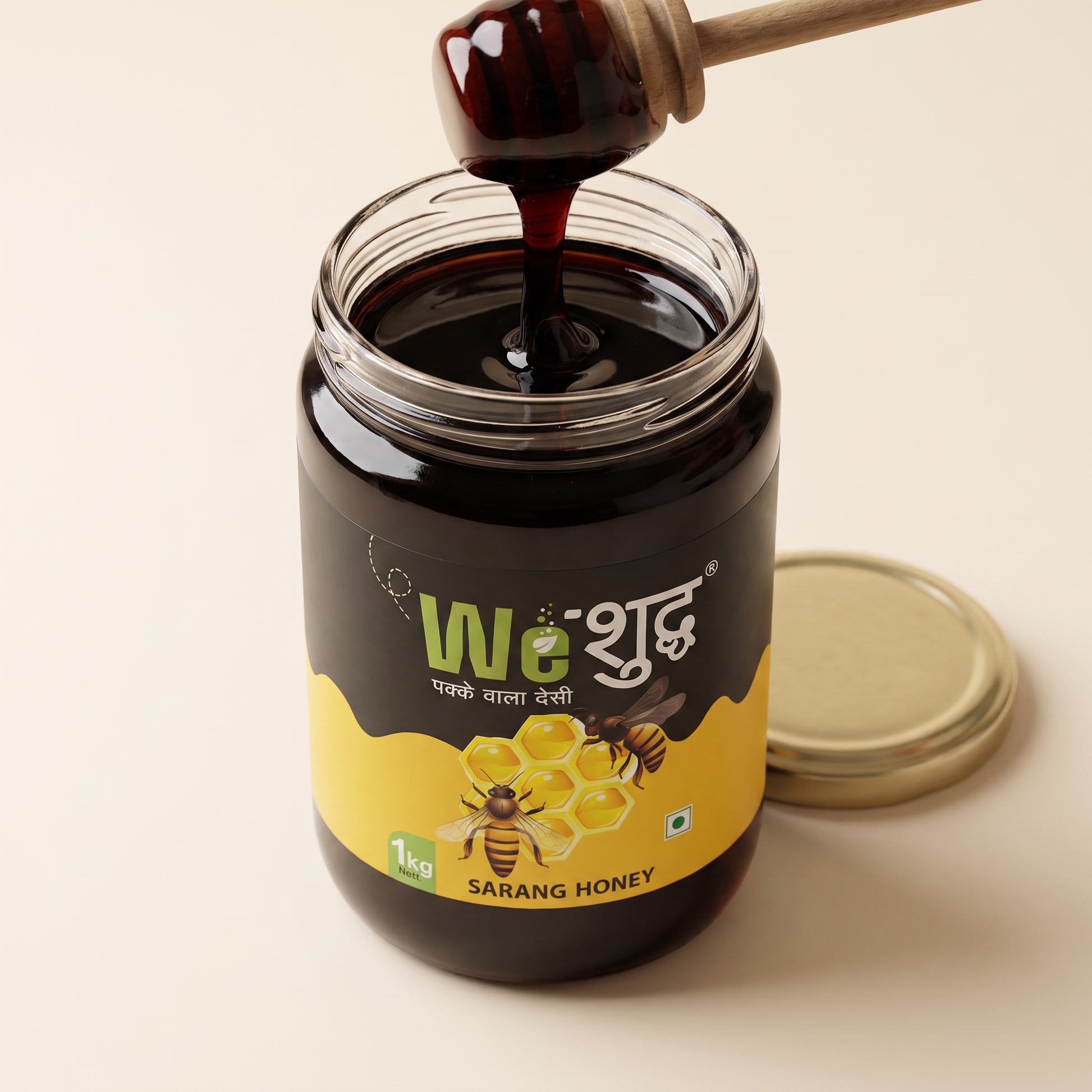 Open jar of WeShuddhs Sarang Honey with a wooden dipper lifting a thick strand of near-black raw honey.