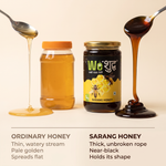 Sarang Honey thickness test. Ordinary honey runs off the spoon in a thin watery stream, pale golden, and spreads flat. Sarang Honey falls in a thick unbroken rope, near-black, and holds its shape.