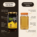 Sarang Wild Cliff Honey compared with commercial honey. Hand-cut from wild cliff comb, raw and never heated, thick and near-black, nothing added. Commercial honey is heat-processed and filtered, thin pale and watery, may contain added sugar syrup, mass-produced from box apiaries.