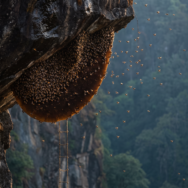 A giant wild honeycomb of the Himalayan rock bee hanging beneath a sheer cliff overhang, its surface covered in a dense living carpet of thousands of bees with hundreds more swarming in the air around it. A traditional rope ladder hangs down the rock face into a forested gorge below. Shows where Sarang honey is harvested from and how difficult and dangerous it is to reach.