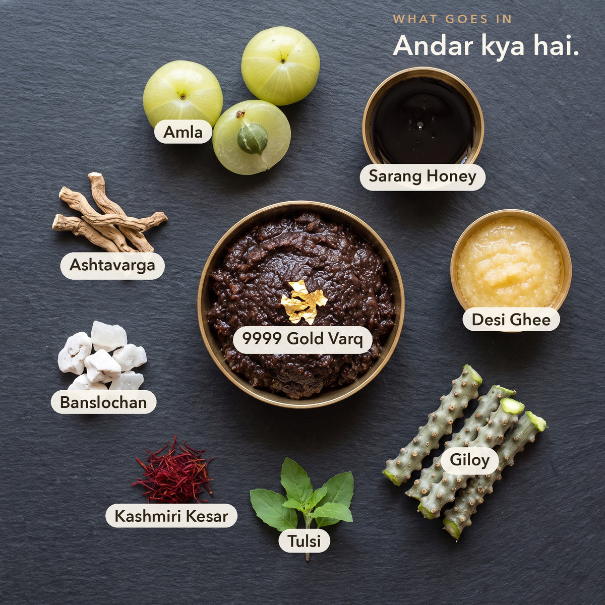 What goes into Vakai Chyawanprash: amla, Sarang Honey, desi ghee, giloy, tulsi, Kashmiri kesar, banslochan, ashtavarga and 9999 gold varq