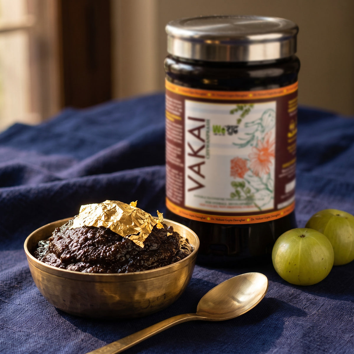 Vakai Chyawanprash 900 g jar with a brass katori of chyawanprash and gold varq