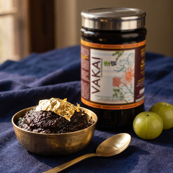 Vakai Chyawanprash 900 g jar with a brass katori of chyawanprash and gold varq