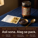 Vakai Chyawanprash ships with 9999 gold varq packed separately: open the pack, lay it on, mix it in