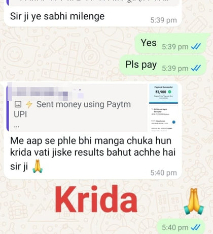 WhatsApp message from a verified Kridavati customer (number blurred)