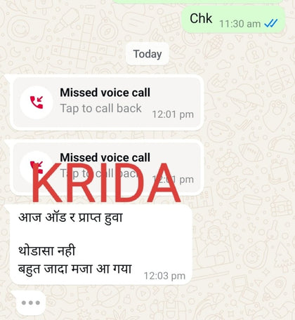 WhatsApp message from a verified Kridavati customer (number blurred)