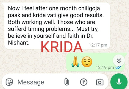 WhatsApp message from a verified Kridavati customer (number blurred)