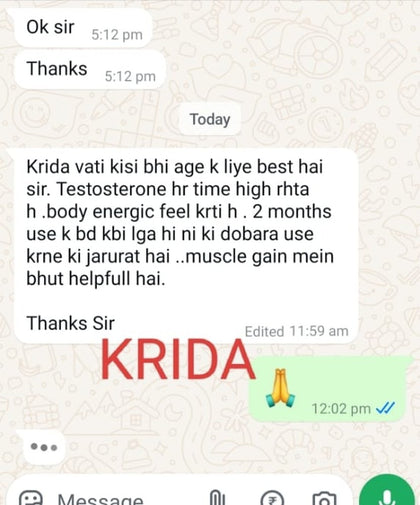 WhatsApp message from a verified Kridavati customer (number blurred)